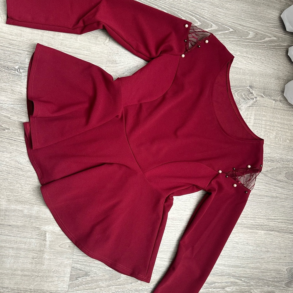 Elegant Red Women's Top with Pearl Accents